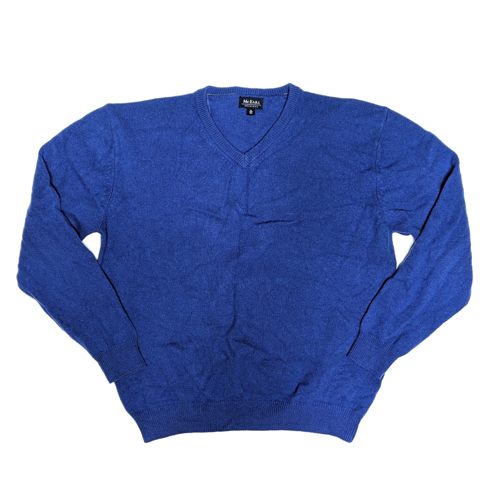 Mc Earl Woolmark XL 100% Lambs Wool Sweater Pullover V Neck Blue